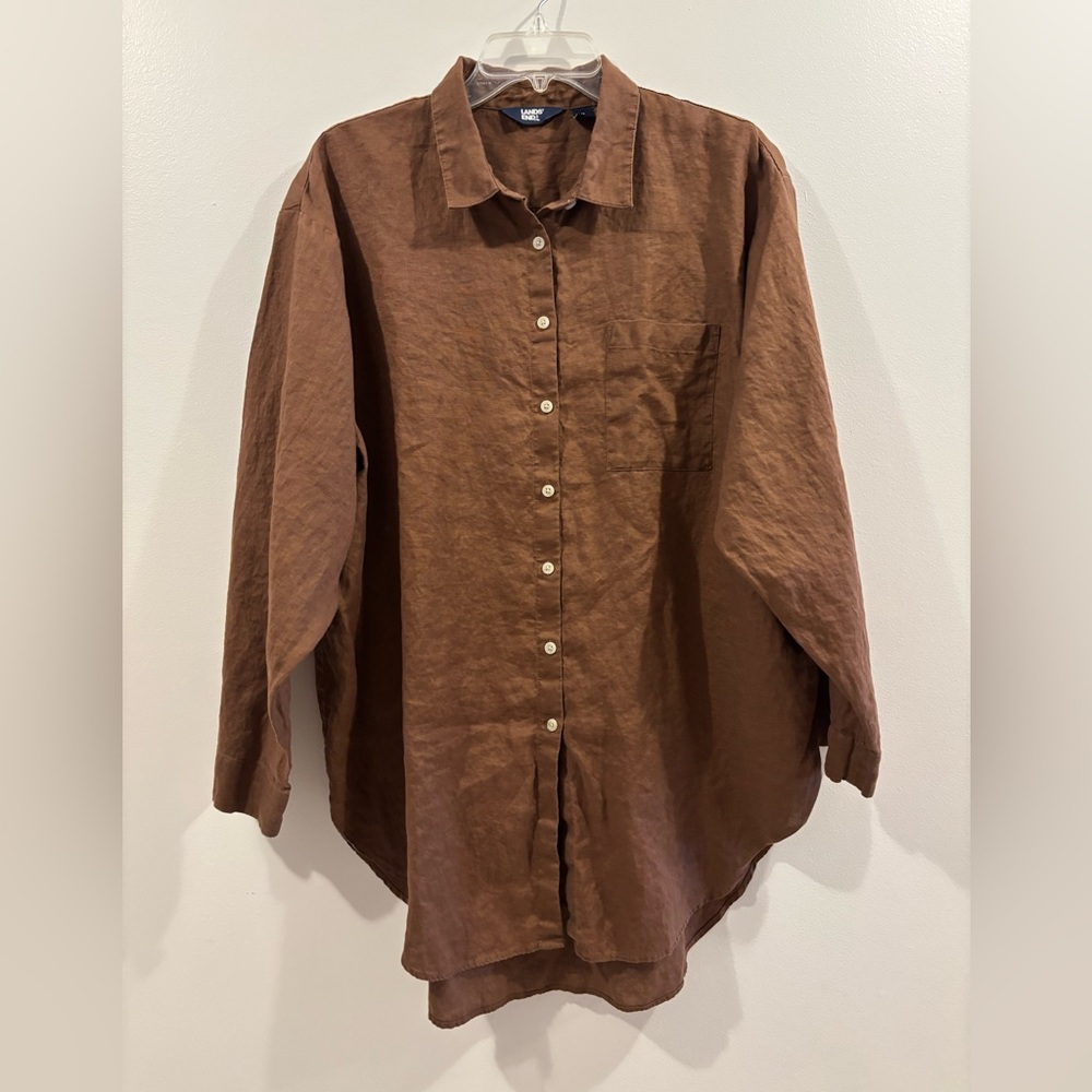 Lands’ End Women’s Linen Oversized Blouse XL 18 Brown